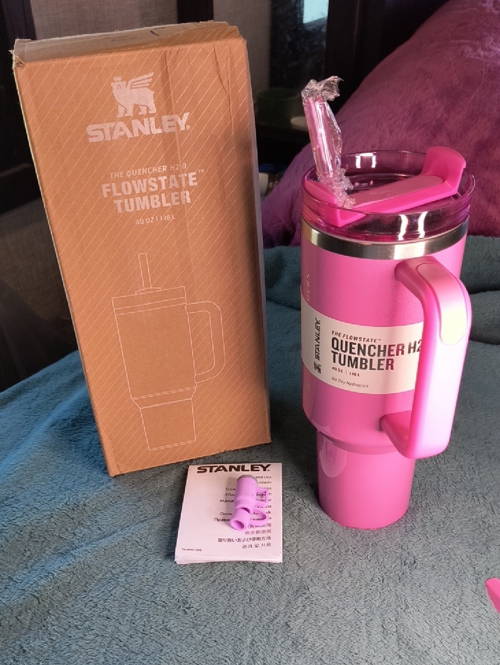 Stanley 40 Oz Pink Travel Tumbler with Handle, NIB, Straw And Topper Incl.